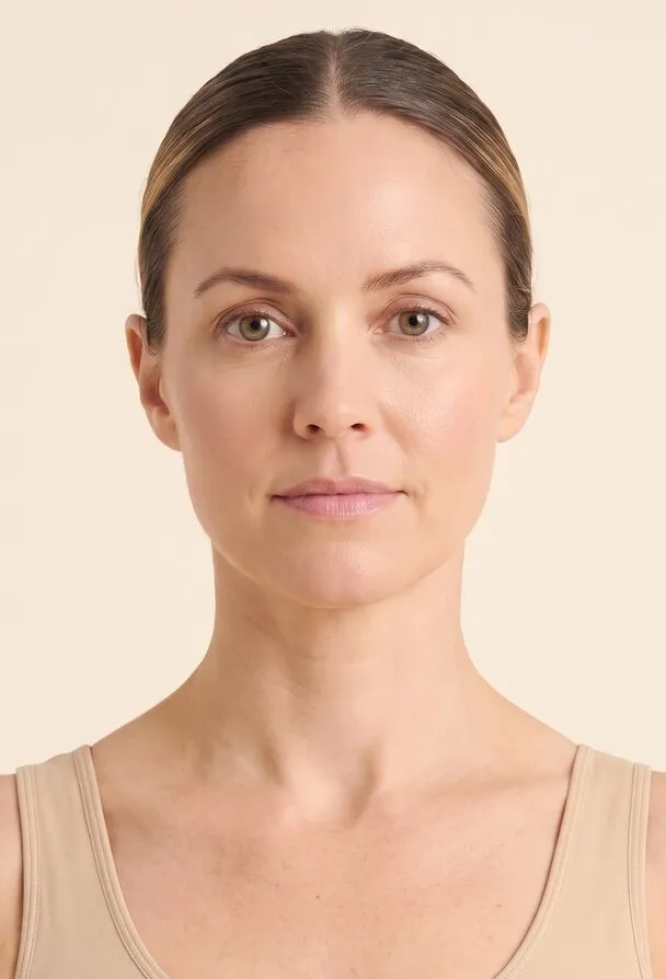 Face and neck. Front-facing photograph of a woman’s head and neck, used as a reference plate for the facial areas the treatment reaches. Marked areas: 1 forehead wrinkles, 2 frown lines (11 lines), 3 crow's feet, 4 brow lift, 5 bunny lines, 6 lip lines, 7 lip flip, 8 nose contour, 9 jawline contouring, 10 masseter and facial slimming, 11 neck bands (tech neck).