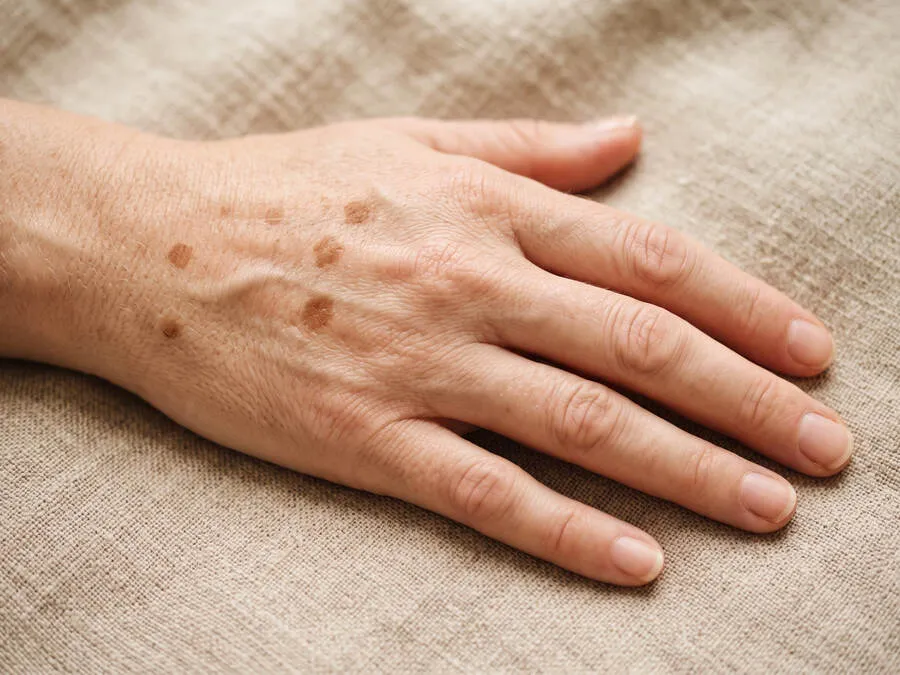 Settled flat brown age spots across the back of a woman’s bare hand, resting on linen