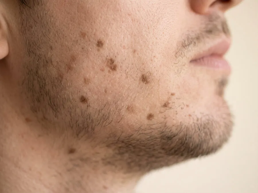 Sharply bounded flat dark post-acne marks along a man’s jawline and lower cheek