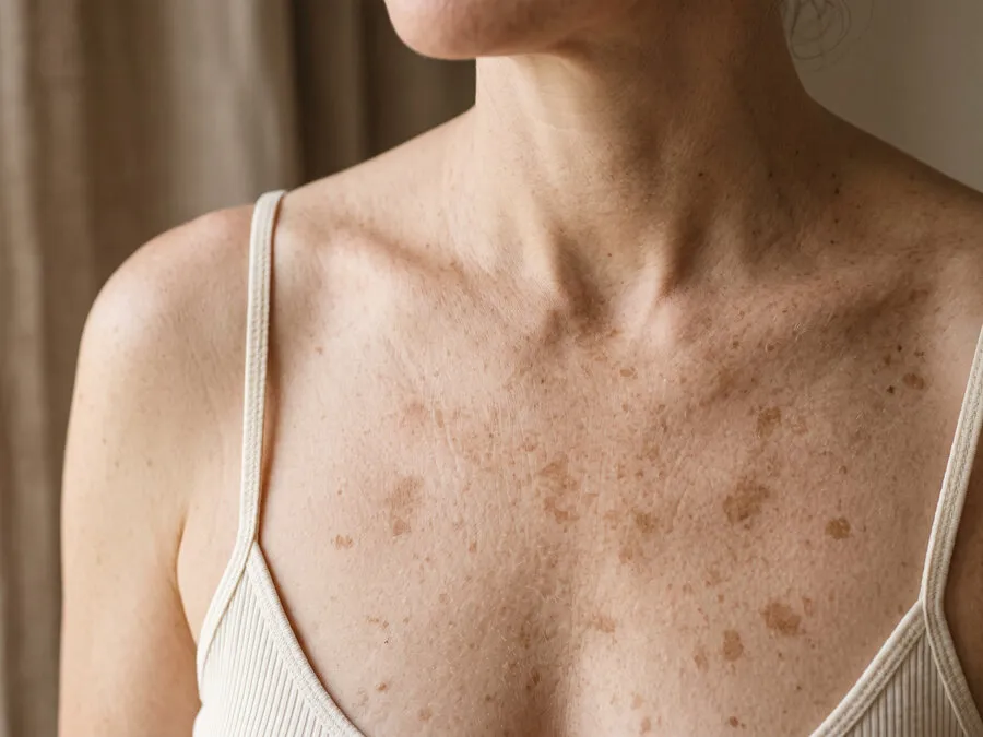 A scatter of defined flat brown sun spots across a woman’s upper chest and décolleté