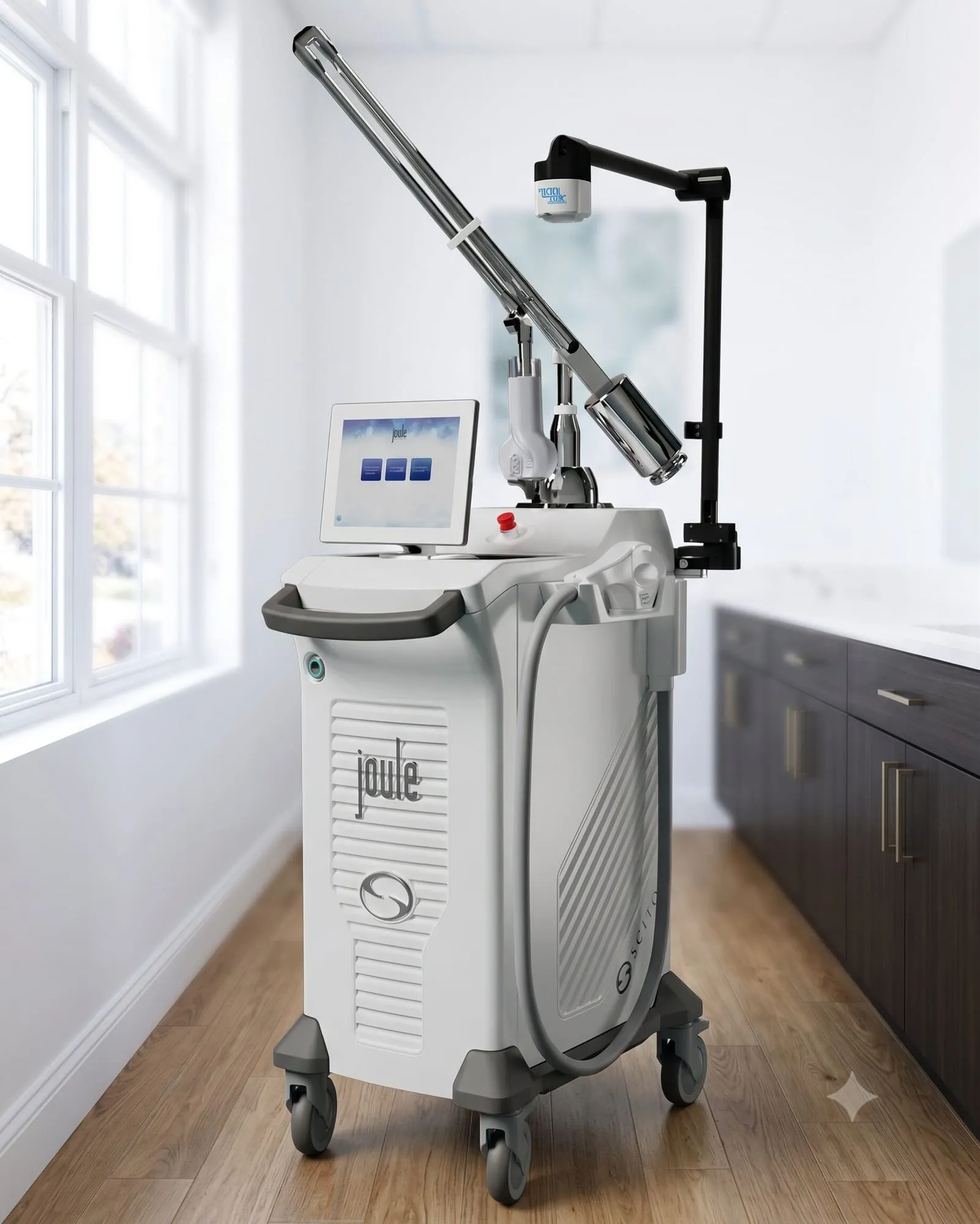 The practice's Sciton JOULE laser platform, which carries the HALO TRIBRID resurfacing module, standing in a Medrein treatment room