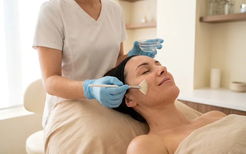 An aesthetician's gloved hands applying a glycolic acid peel solution with a fan brush to a reclined patient's cheek in a bright clinic room