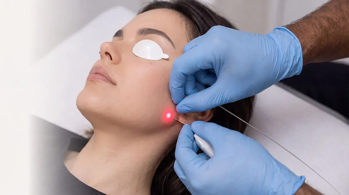 A gloved clinician guiding a laser fiber under the skin along a patient's jawline.