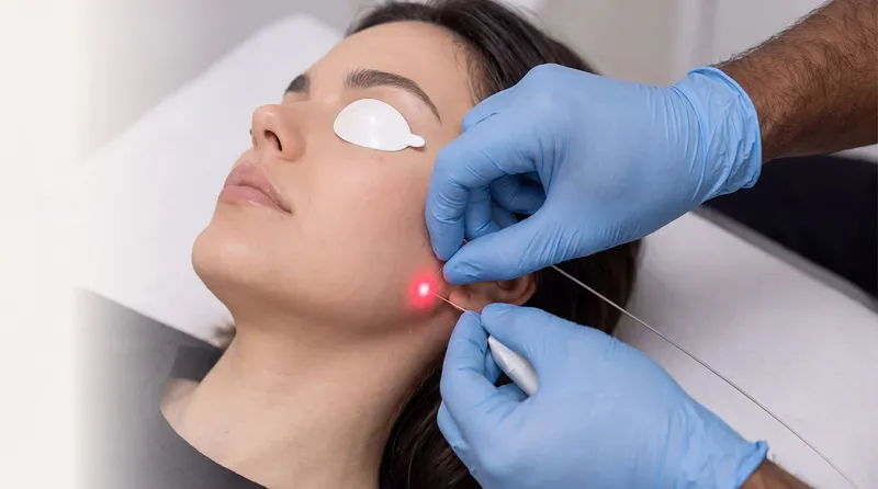 A gloved clinician guiding a laser fiber under the skin along a patient's jawline.