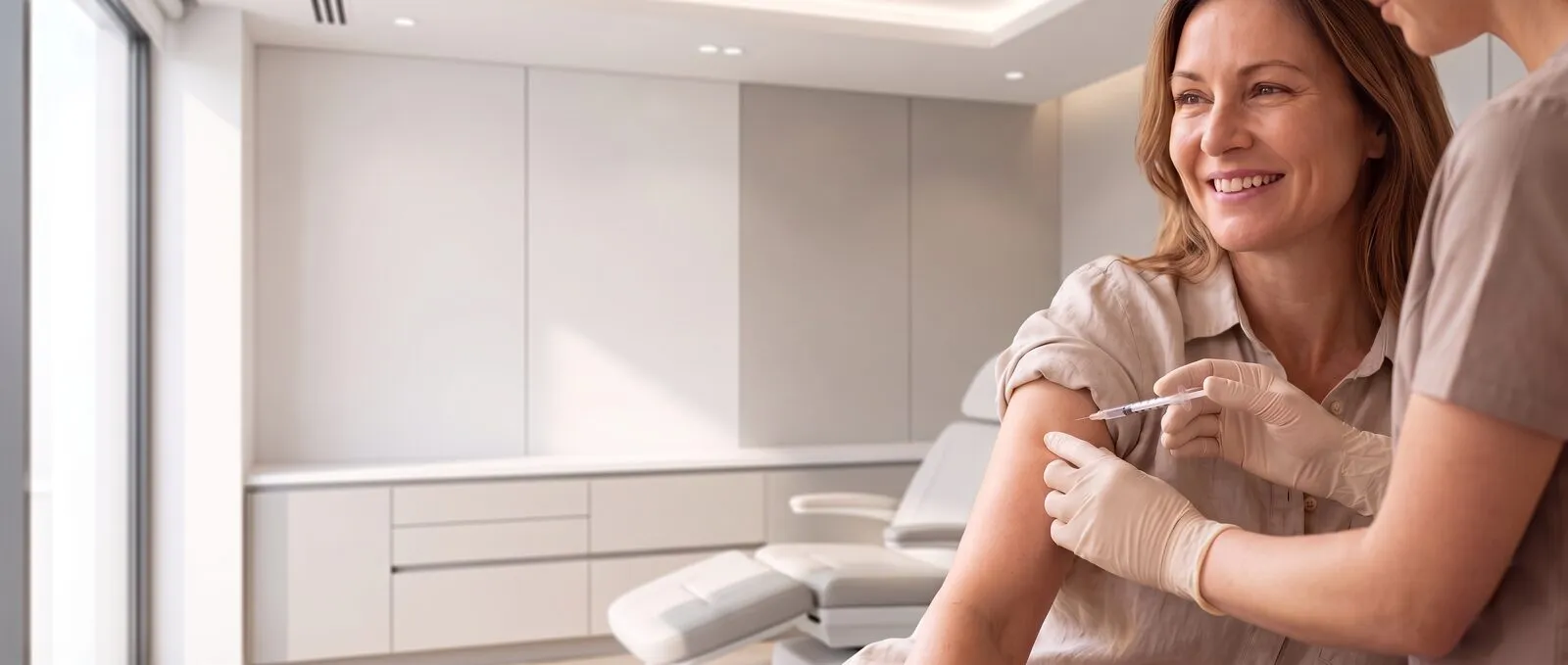 A clinician giving a patient a subcutaneous injection in the upper arm during a wellness visit