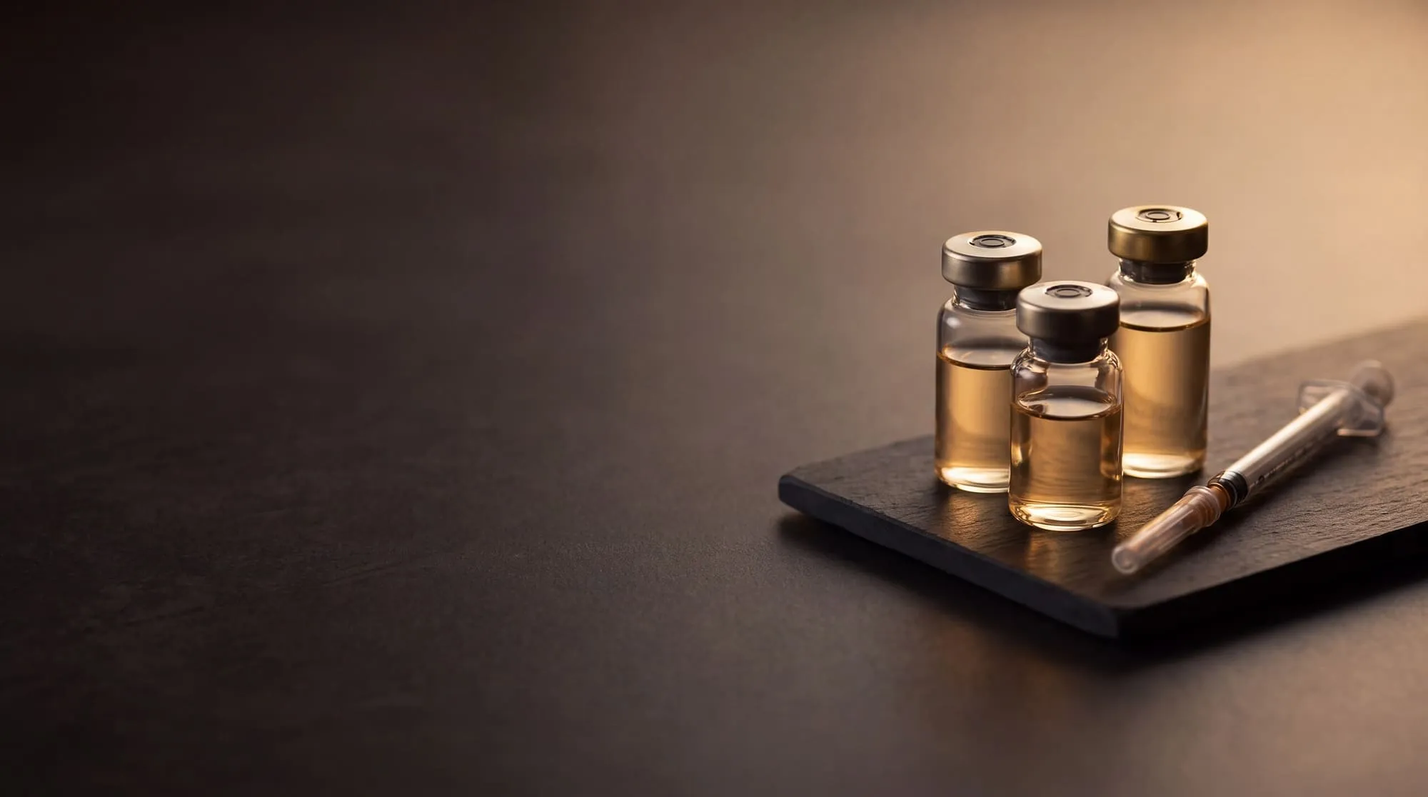 Amber compounded peptide vials and a syringe on a dark slate tray at Medrein Health in Southlake, TX