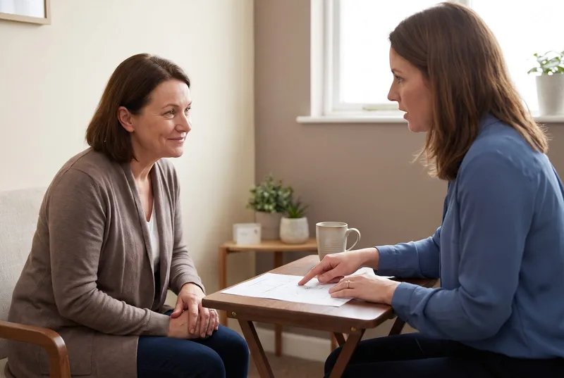 A woman in her fifties sitting across a small table from a clinician who is pointing to a printed lab report during a consultation.