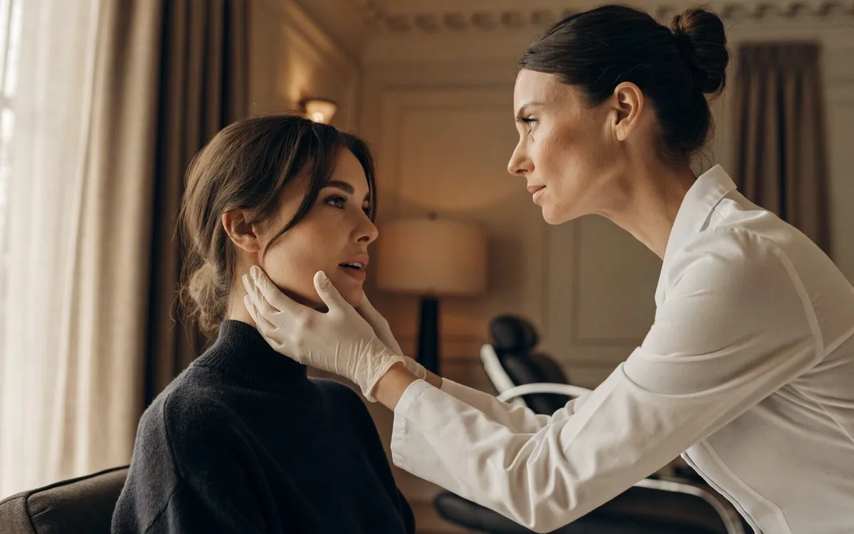 A physician in a white coat with both gloved hands gently assessing a seated patient's jawline and profile during a consultation, no needle in view