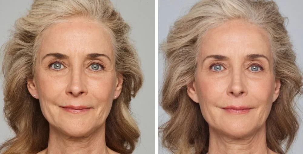 Juvederm before and after, enlarged: the same person before treatment on the left and after treatment on the right, case 9. Results may vary.