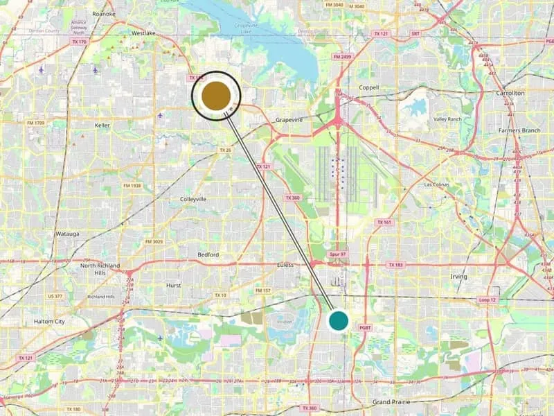 Service-area map of the Dallas-Fort Worth metroplex showing the Medrein Health clinic in Southlake, TX between the two downtowns. Map data (c) OpenStreetMap contributors