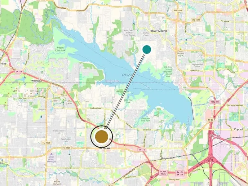 Service-area map: Flower Mound, TX and the Medrein Health clinic in Southlake. Map data (c) OpenStreetMap contributors