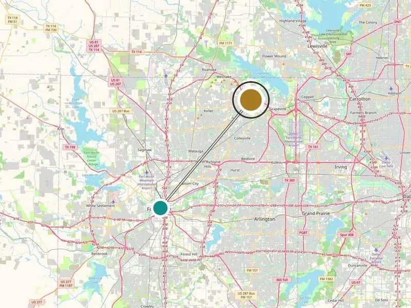 Service-area map: Fort Worth, TX and the Medrein Health clinic in Southlake. Map data (c) OpenStreetMap contributors