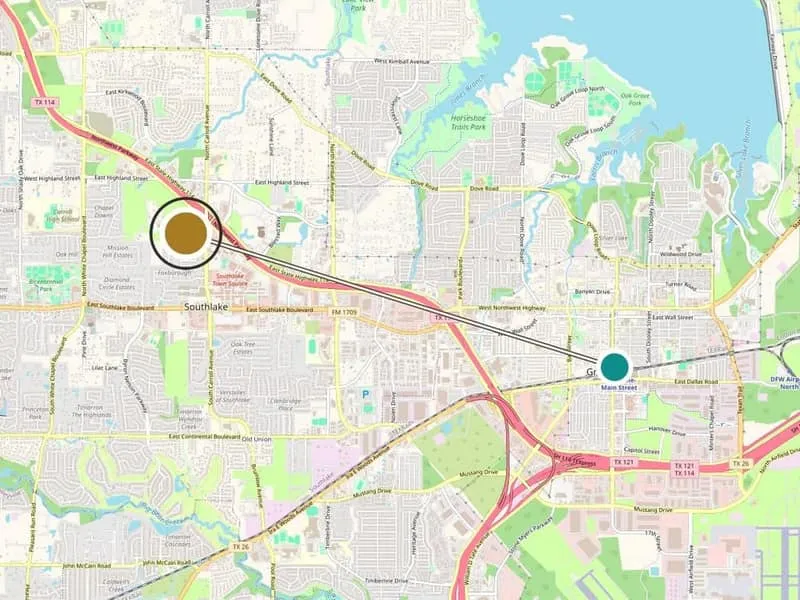 Service-area map: Grapevine, TX and the Medrein Health clinic in Southlake. Map data (c) OpenStreetMap contributors