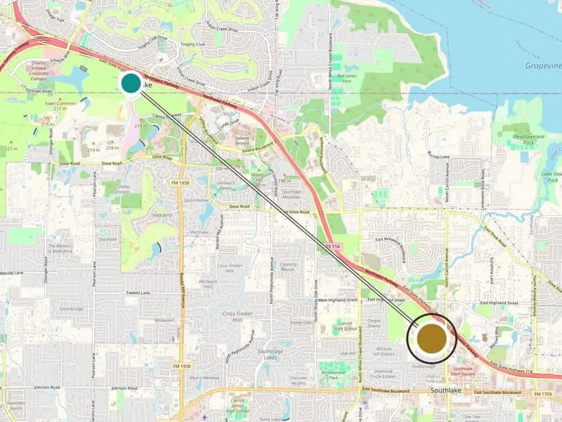 Service-area map showing Westlake, TX and the Medrein Health clinic in Southlake, TX, with the drive between them marked. Map data (c) OpenStreetMap contributors