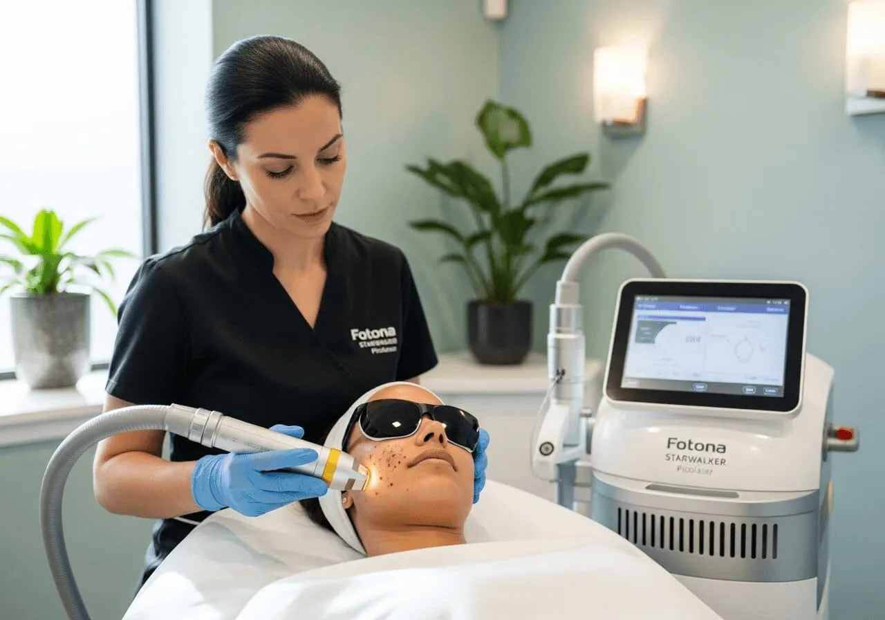 A clinician passing the Fotona StarWalker Picolaser handpiece over pigment on a reclining patient's cheek at Medrein Health in Southlake, TX, the patient in protective eyewear and the StarWalker console beside them