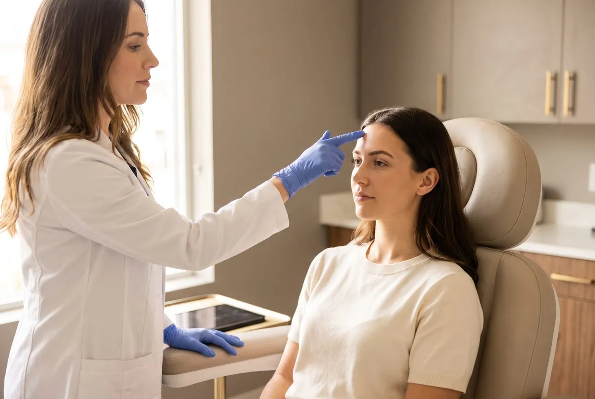 A clinician gently indicating a seated patient's brow area during a consultation, no needle in frame