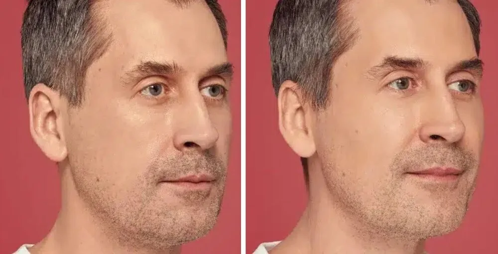 Restylane before and after, enlarged: the same person before treatment on the left and after treatment on the right, case 5. Results may vary.