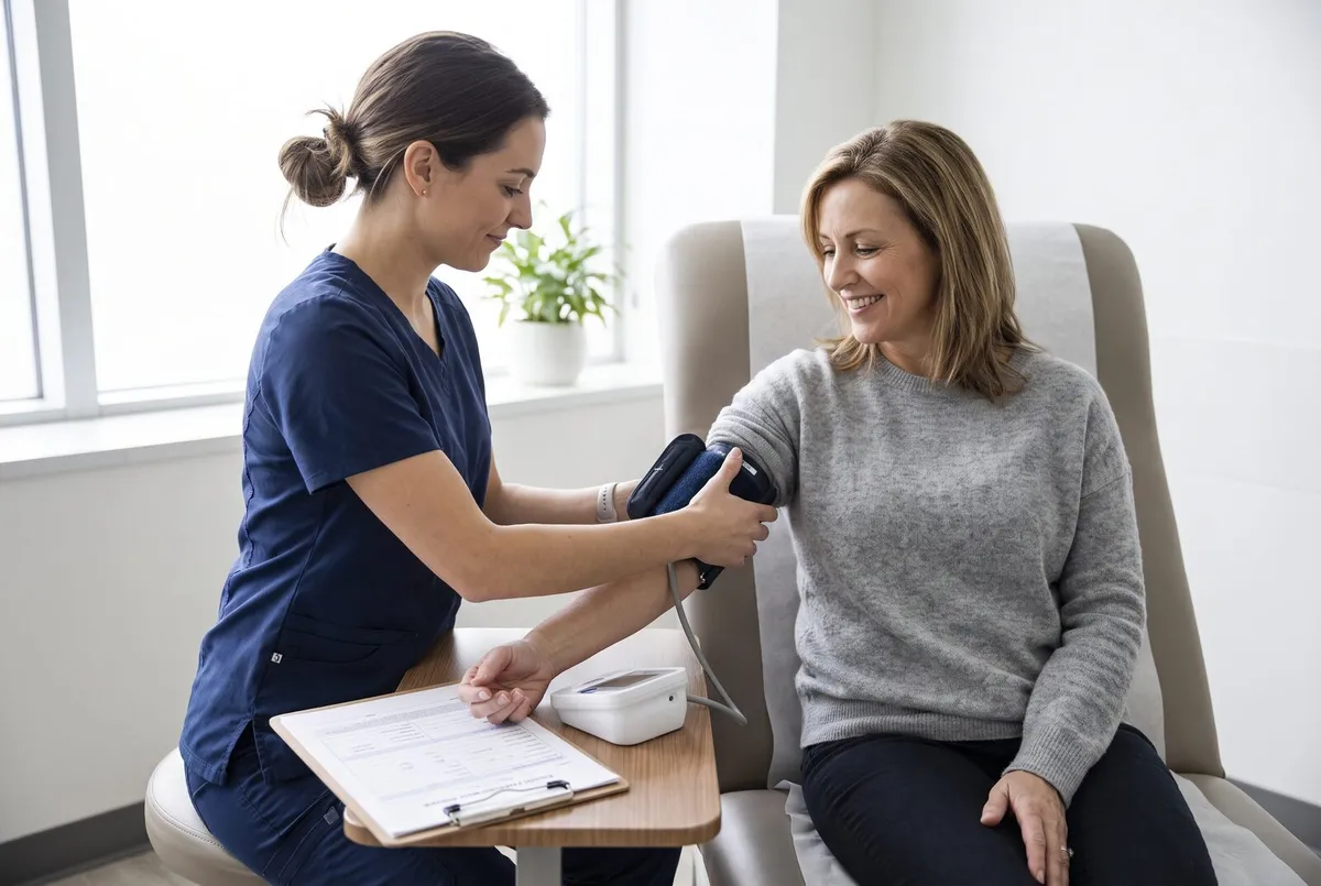 A clinical research nurse in navy scrubs fitting a blood pressure cuff on a seated woman in a grey sweater during a study visit, with a printed visit form and a digital monitor on the side table