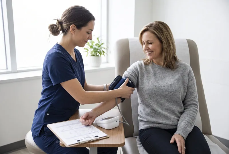A clinical research nurse in navy scrubs fitting a blood pressure cuff on a seated woman in a grey sweater during a study visit, with a printed visit form and a digital monitor on the side table