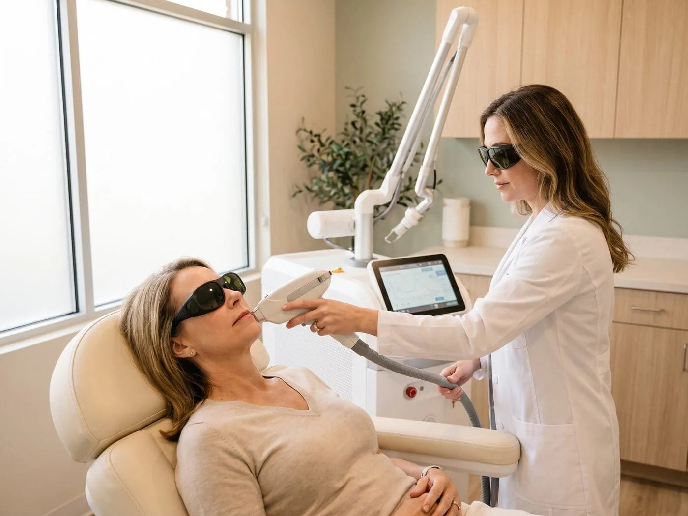 A patient in laser safety eyewear receiving a Fotona laser treatment, the SP Dynamis platform in use behind the chair