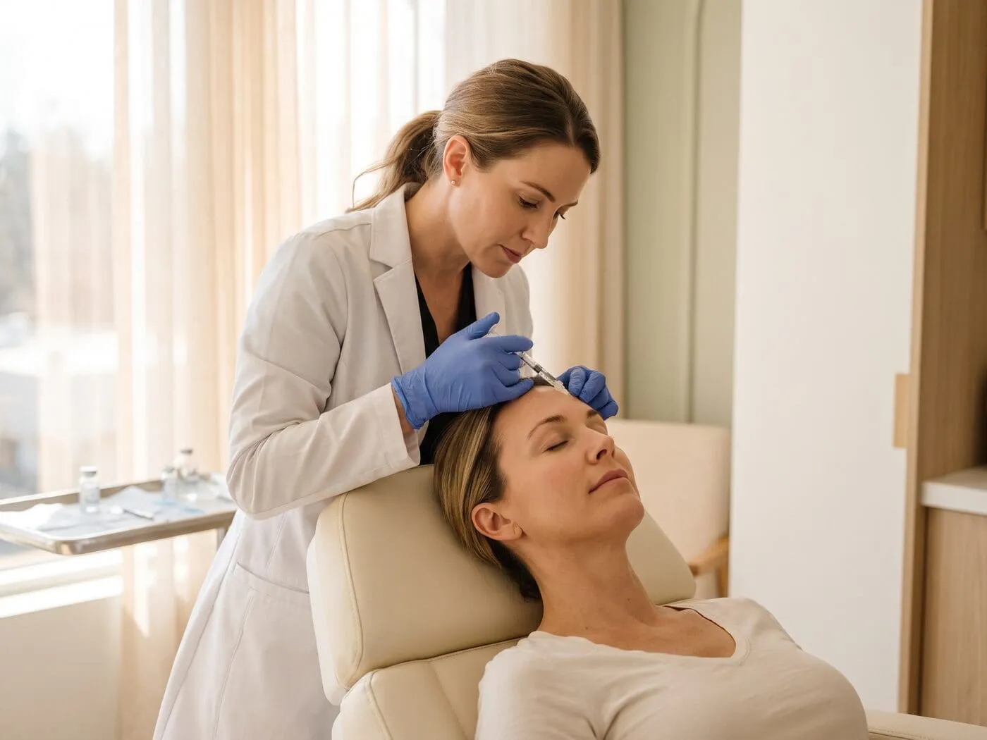 A physician in gloves injecting a neurotoxin into the forehead of a patient reclining in a treatment chair at a Southlake, TX med spa