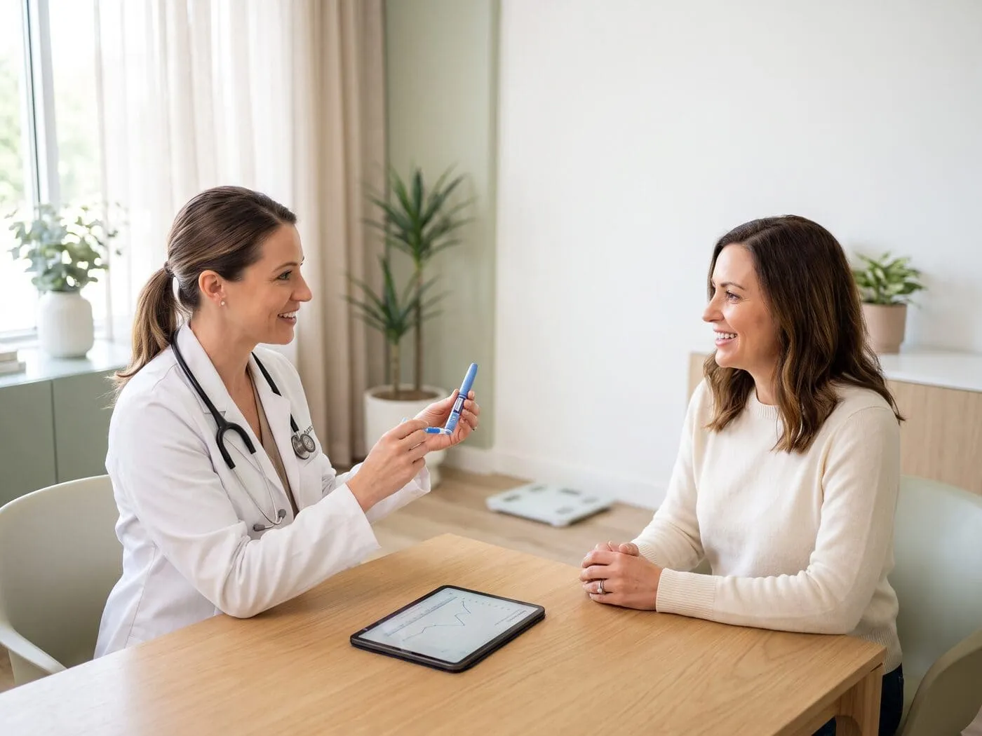 A physician holding a GLP-1 injector pen while talking a seated patient through a supervised weight-loss plan