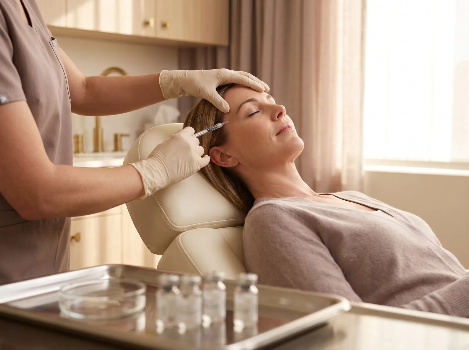 Board-certified physician administering a collagen biostimulator injection at the temple during a Sculptra treatment at Medrein Health in Southlake, TX