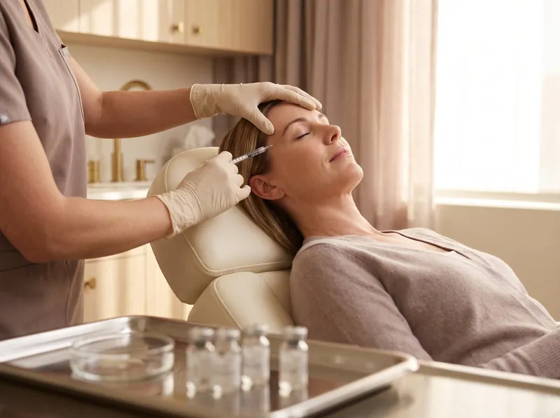 A clinician in scrubs giving a biostimulator injection at a reclining patient's temple, with prepared vials on a tray.