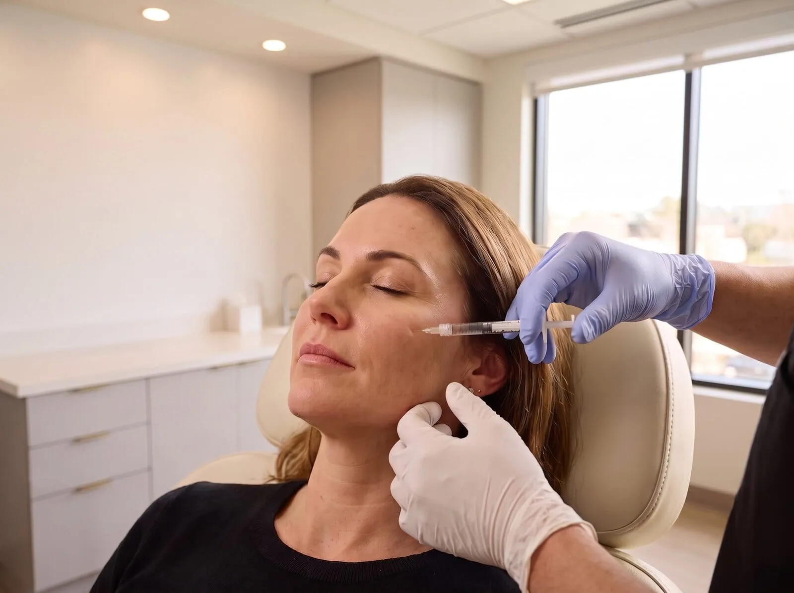 A physician injecting dermal filler into a patient’s cheek at the Medrein Health clinic in Southlake, TX