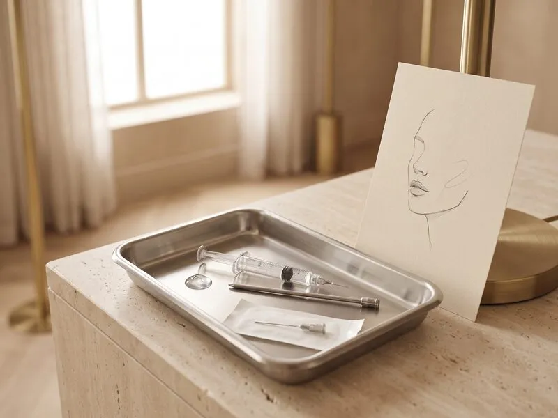 A prepared dermal filler tray at Medrein Health in Southlake, TX, with a filled syringe and a sterile cannula laid out before treatment