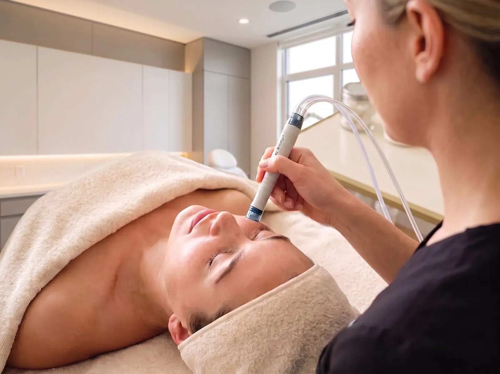 A facial handpiece being drawn across a patient’s cheek in a modern treatment room at the Medrein Health clinic in Southlake, TX