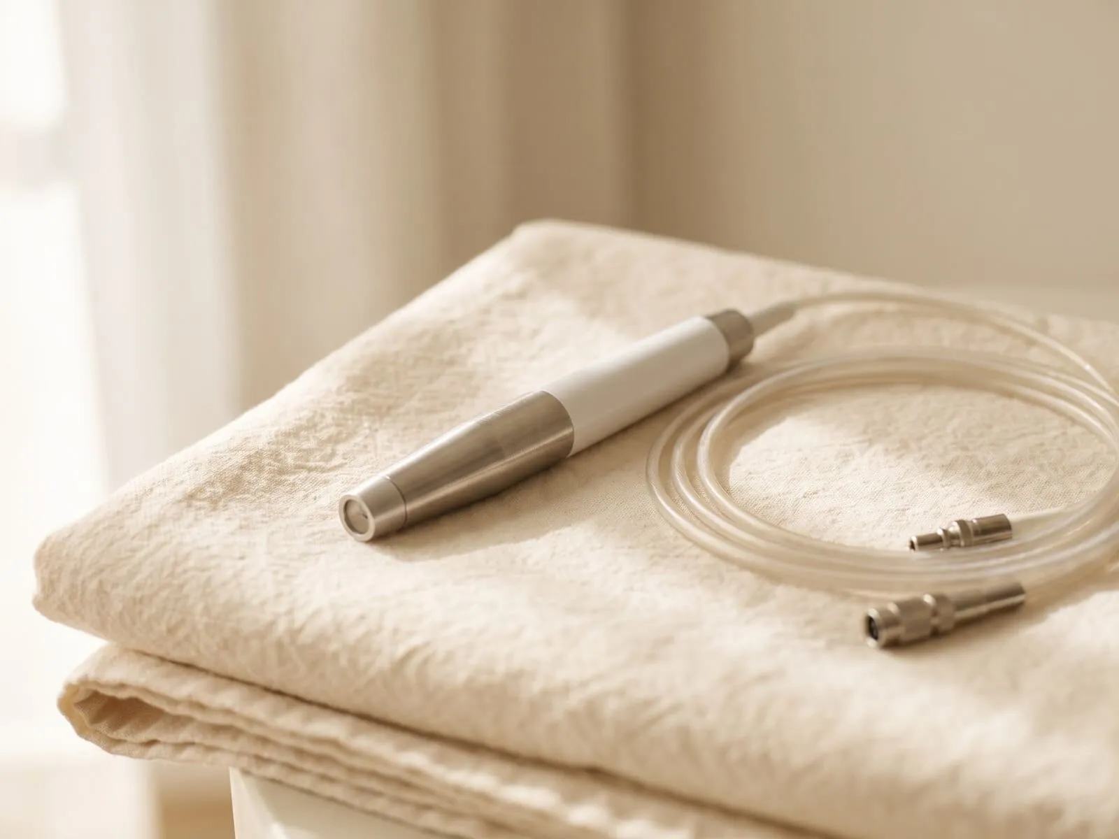 A slim clinical laser handpiece and its coiled fibre cable resting on folded cream cloth