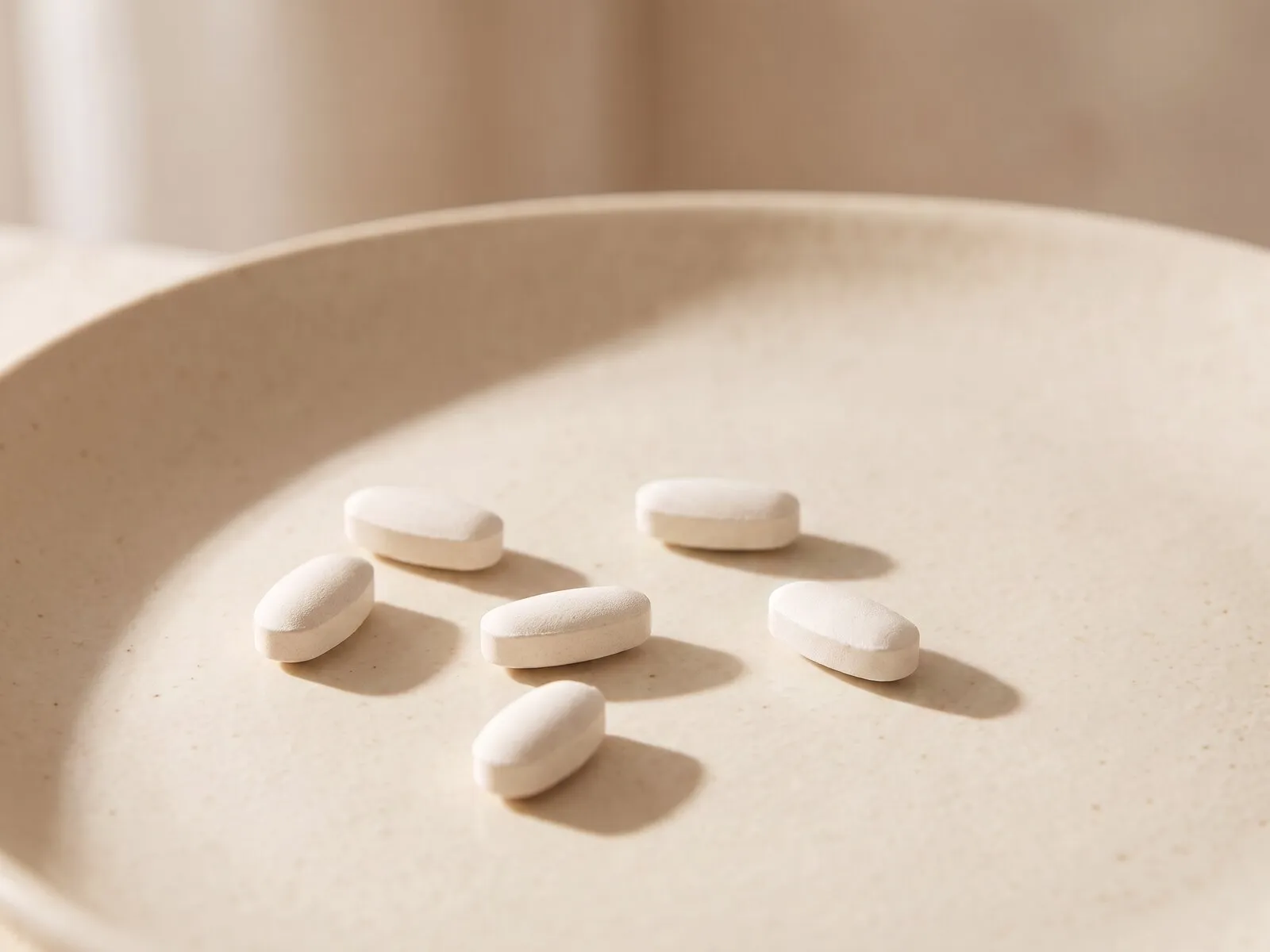 Plain white antifungal tablets scattered across the centre of a cream ceramic dish