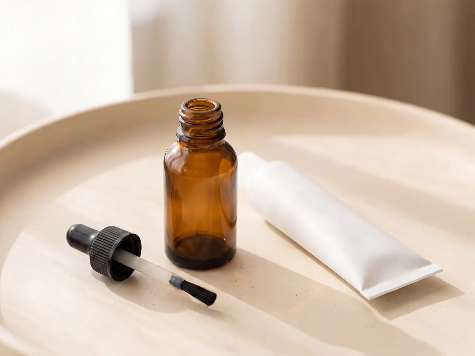 A medicated nail lacquer bottle beside its brush applicator lying flat on a cream dish, next to a plain tube of antifungal cream