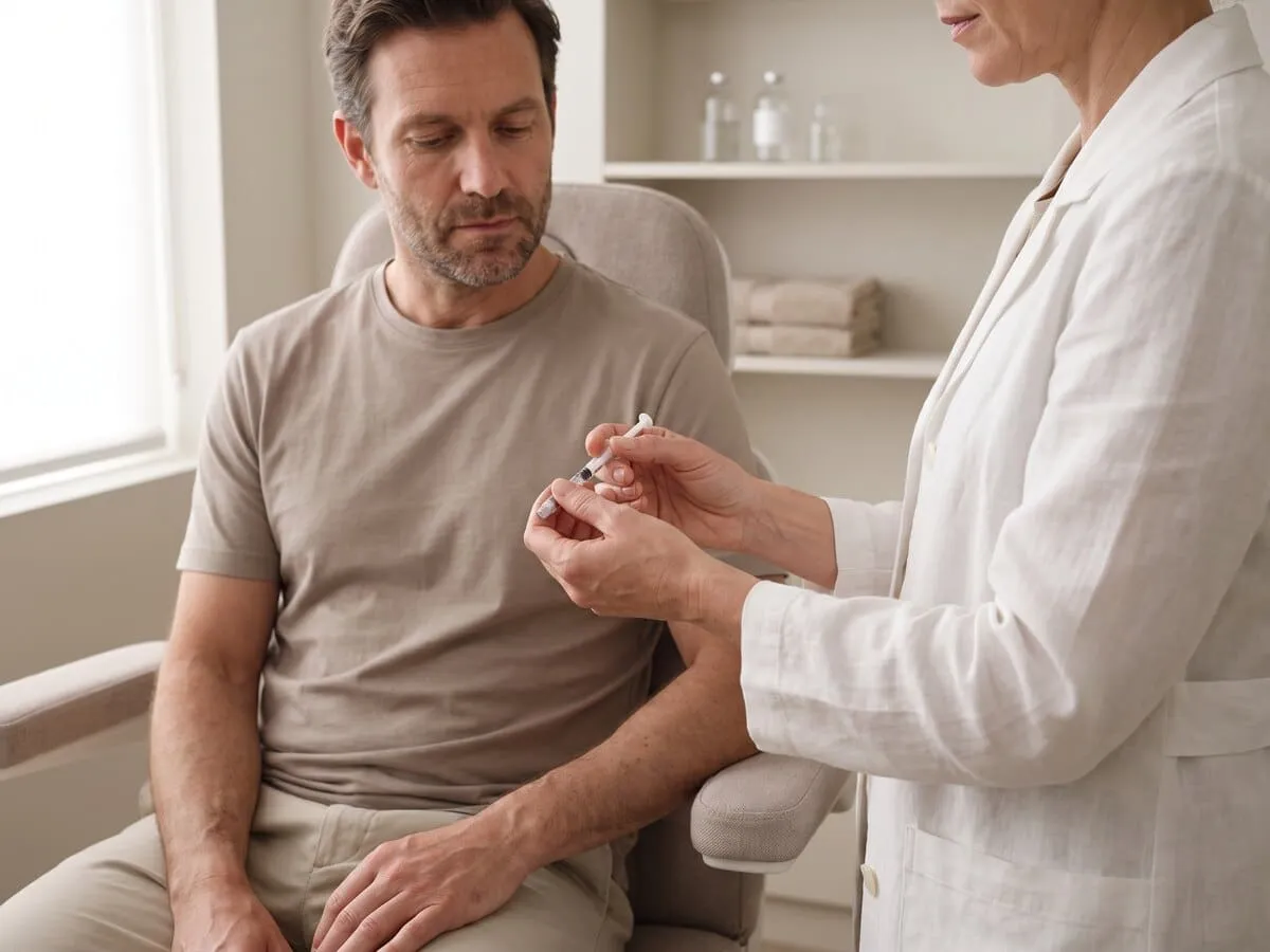 A clinician in a white coat showing a seated patient how a weekly subcutaneous injection is given, in a warm neutral consultation room