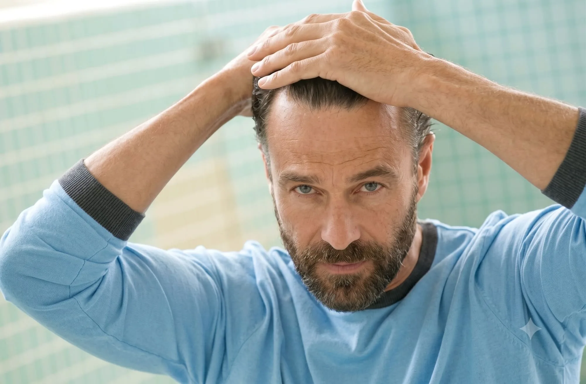 A man lifting both hands to the top of his head to look at his receding front hairline, the area a needle-free HaiRestart session is directed at