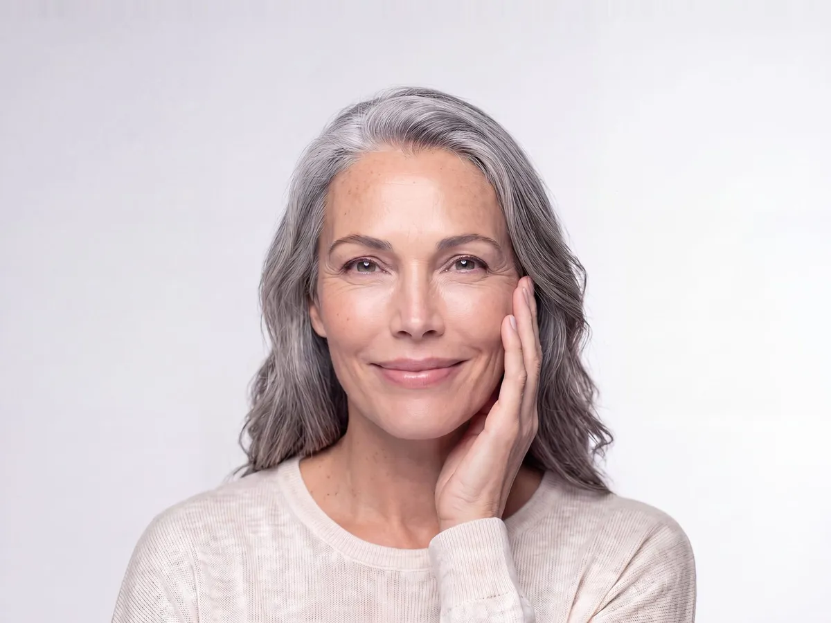 A woman with long silver hair resting her fingertips against her cheek and smiling.
