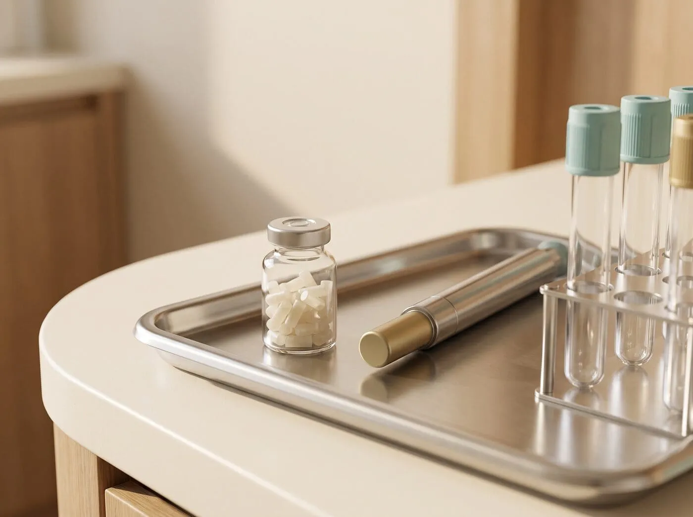 A clinic counter set up with hormone therapy vials and a consultation tray