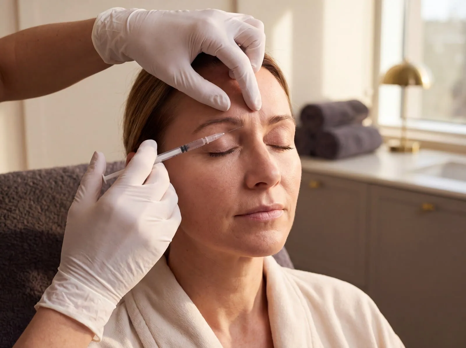 Close-up of a clinician in white gloves steadying the skin at a patient's brow while placing a fine-gauge injection at the glabella between her eyebrows