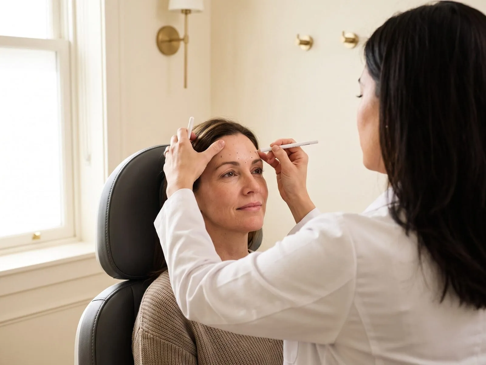 A physician in a white coat marking injection points across the forehead and brow of a seated patient before a Neurotoxin treatment