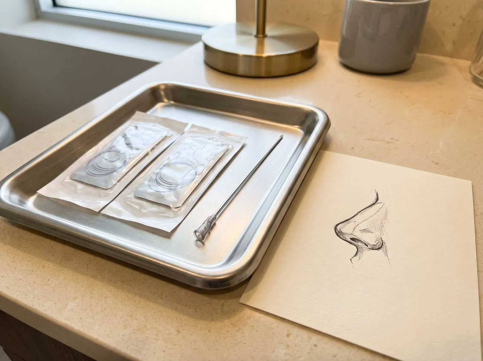 A tray of sealed single-use PDO threads beside a pencil study of a nose in profile, the materials used for a nose thread lift at Medrein Health
