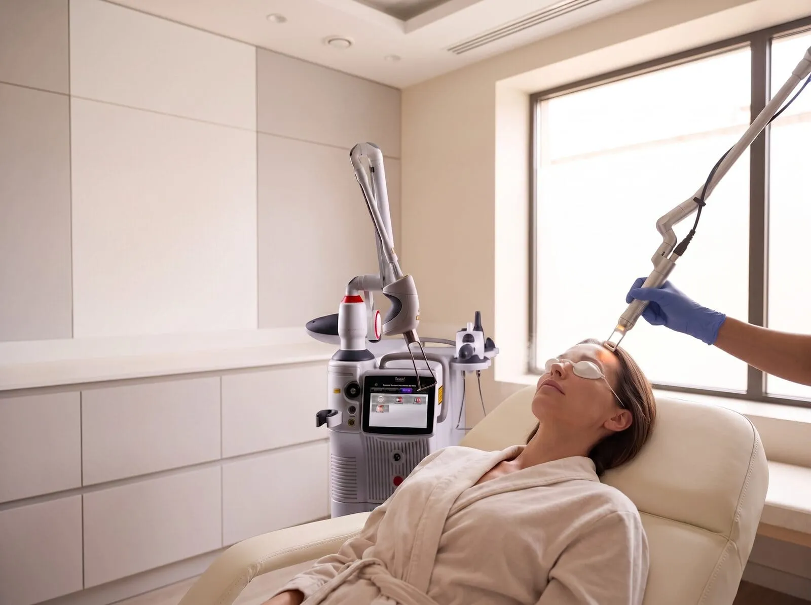 A patient under a laser treatment with the Fotona SP Dynamis Pro platform standing beside the treatment couch at the Medrein Health clinic in Southlake, TX