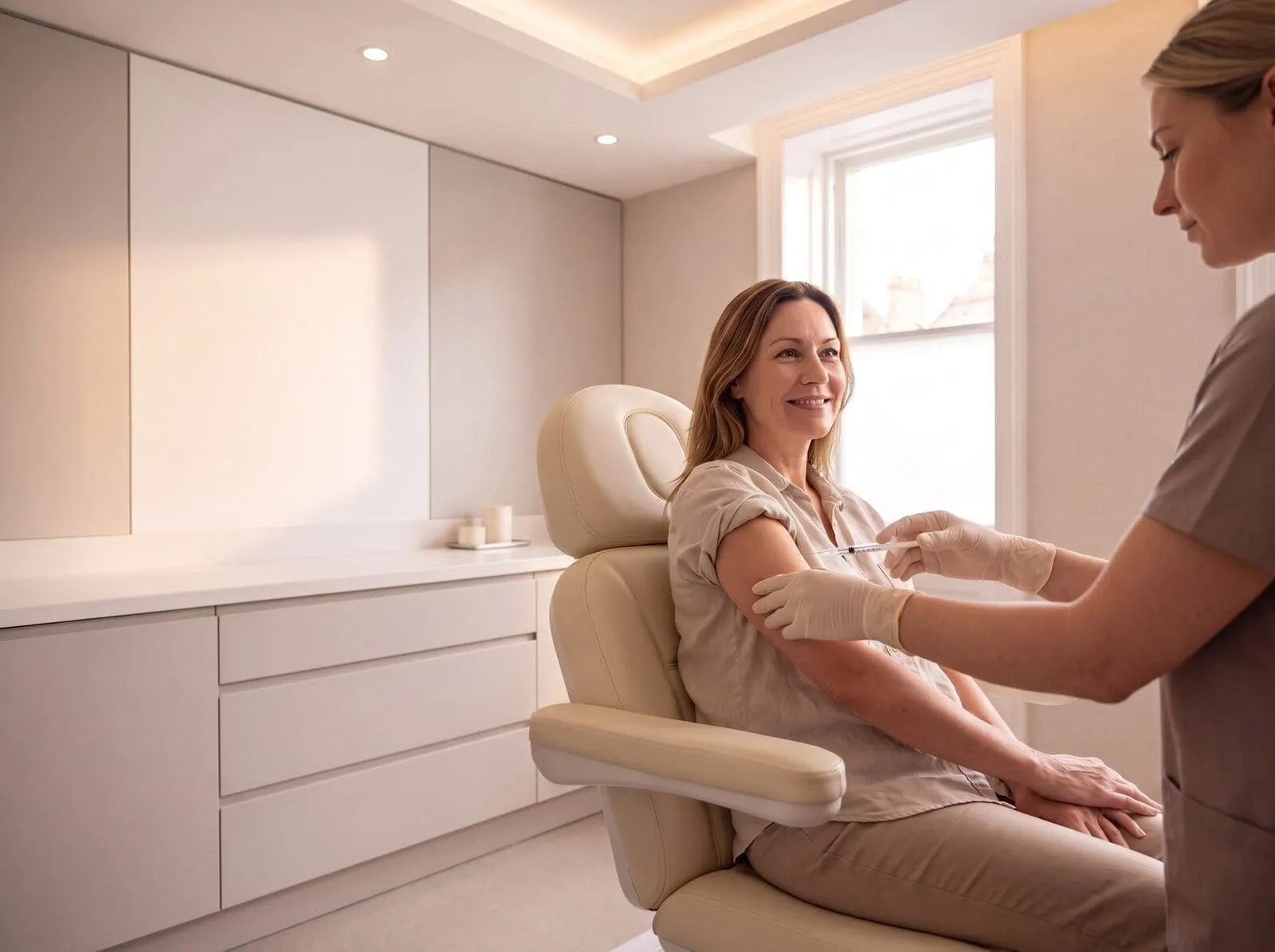 A seated patient receiving a wellness injection in the upper arm from a clinician in a warm consultation room